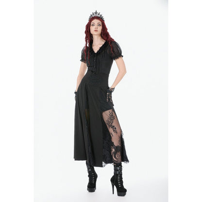 Dark in Love Gothic Skirt Dalaria High-Waist Long Lace Inset Panel - Waistband Detail - QHA UK