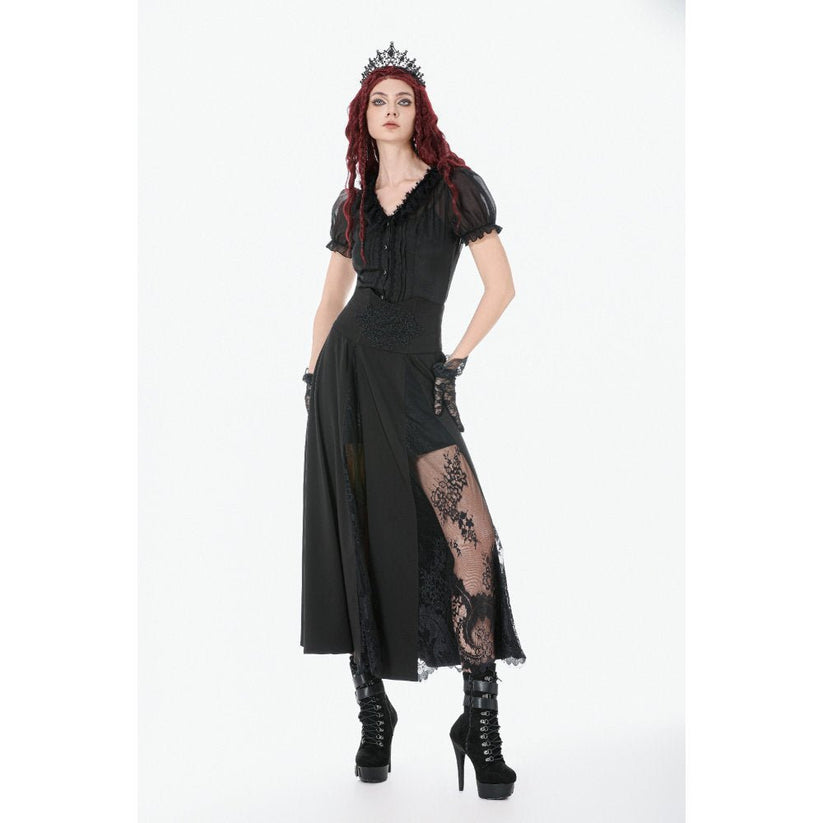 Dark in Love Gothic Skirt Dalaria High-Waist Long Lace Inset Panel - Waistband Detail - QHA UK