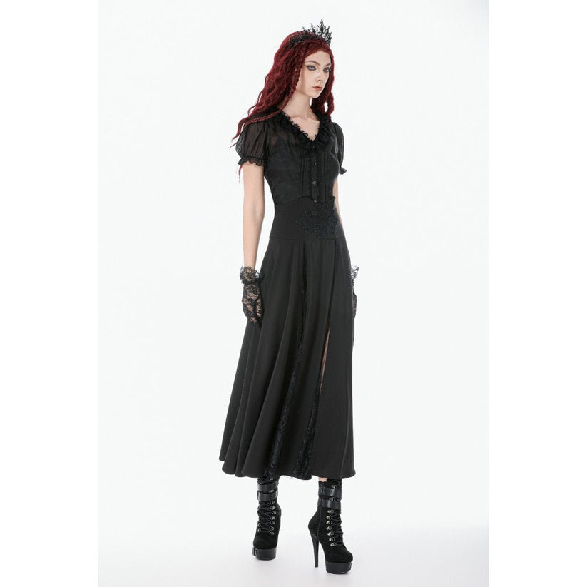 Dark in Love Gothic Skirt Dalaria High-Waist Long Lace Inset Panel - Waistband Detail - QHA UK