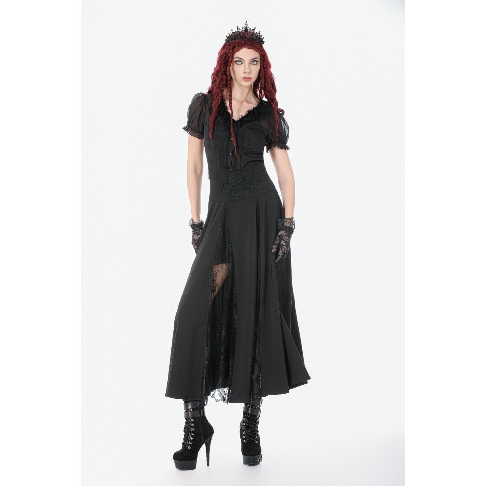 Dark in Love Gothic Skirt Dalaria High-Waist Long Lace Inset Panel - Waistband Detail - QHA UK