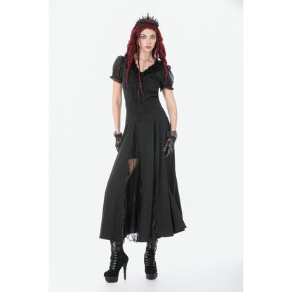 Dark in Love Gothic Skirt Dalaria High-Waist Long Lace Inset Panel - Waistband Detail - QHA UK