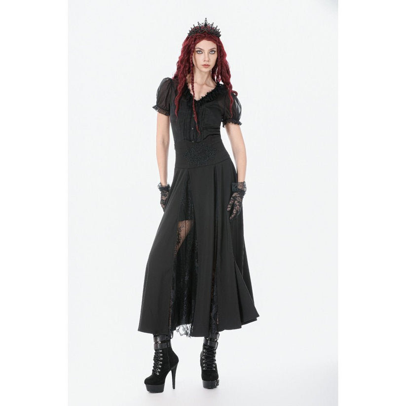 Dark in Love Gothic Skirt Dalaria High-Waist Long Lace Inset Panel - Waistband Detail - QHA UK