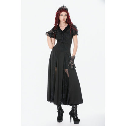 Dark in Love Gothic Skirt Dalaria High-Waist Long Lace Inset Panel - Waistband Detail - QHA UK