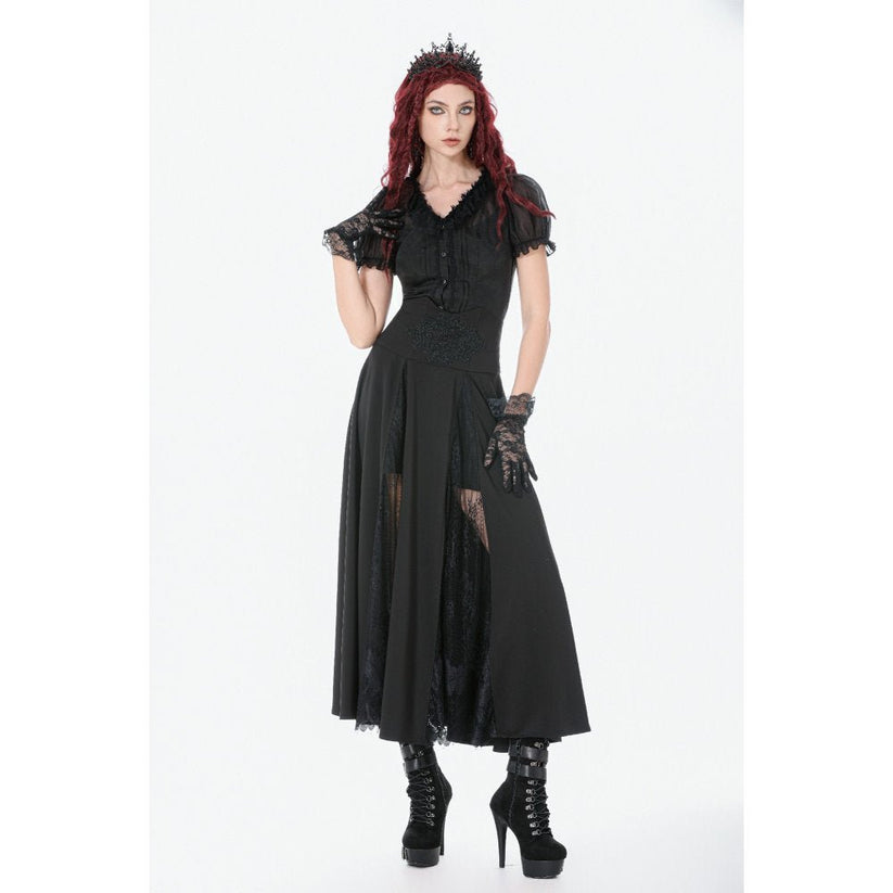 Dark in Love Gothic Skirt Dalaria High-Waist Long Lace Inset Panel - Waistband Detail - QHA UK