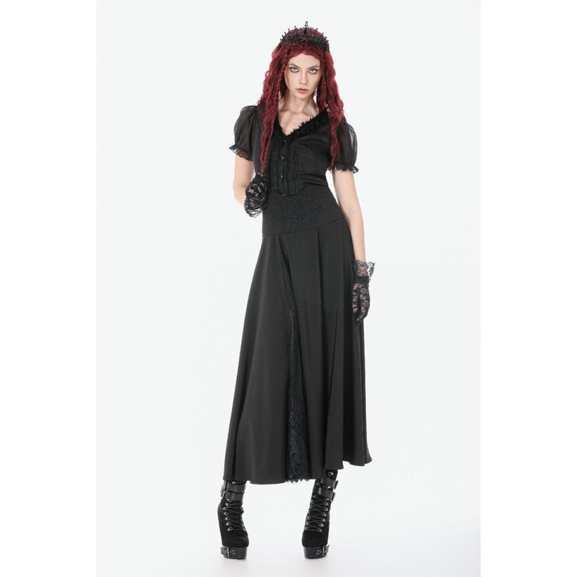 Dark in Love Gothic Skirt Dalaria High-Waist Long Lace Inset Panel - Waistband Detail - QHA UK