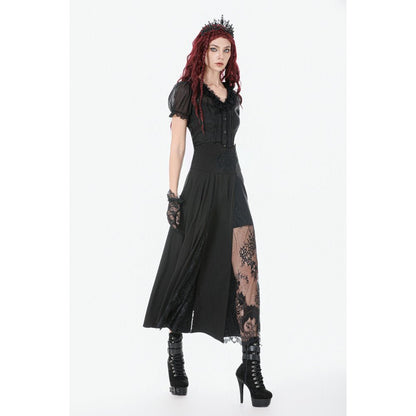 Dark in Love Gothic Skirt Dalaria High-Waist Long Lace Inset Panel - Waistband Detail - QHA UK