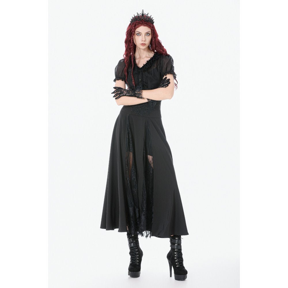 Dark in Love Gothic Skirt Dalaria High-Waist Long Lace Inset Panel - Waistband Detail - QHA UK