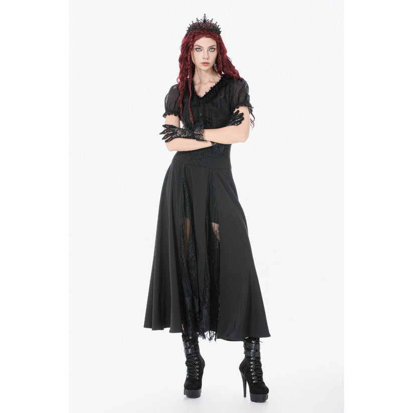Dark in Love Gothic Skirt Dalaria High-Waist Long Lace Inset Panel - Waistband Detail - QHA UK