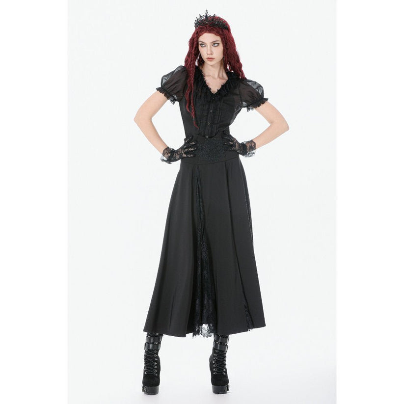 Dark in Love Gothic Skirt Dalaria High-Waist Long Lace Inset Panel - Waistband Detail - QHA UK