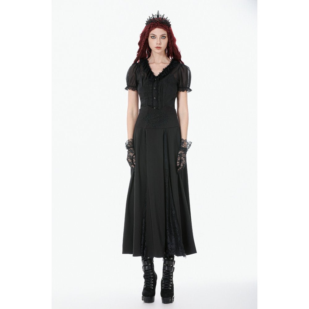 Dark in Love Gothic Skirt Dalaria High-Waist Long Lace Inset Panel - Waistband Detail - QHA UK