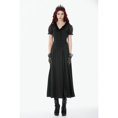 Dark in Love Gothic Skirt Dalaria High-Waist Long Lace Inset Panel - Waistband Detail - QHA UK