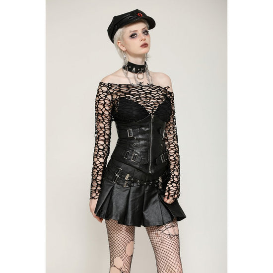 Dark In Love Darcy Black Distressed Net Top – Off-Shoulder | QHA UK - Front View - QHA UK
