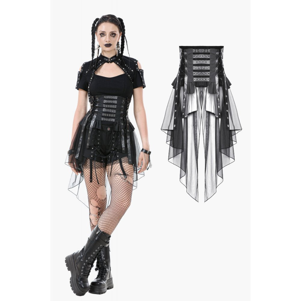 Dark in Love Skirt Draven Layered Mesh and Faux Leather Waist Cincher - QHA UK