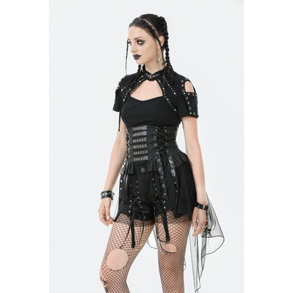 Dark in Love Skirt Draven Layered Mesh and Faux Leather Waist Cincher - Waistband Detail - QHA UK