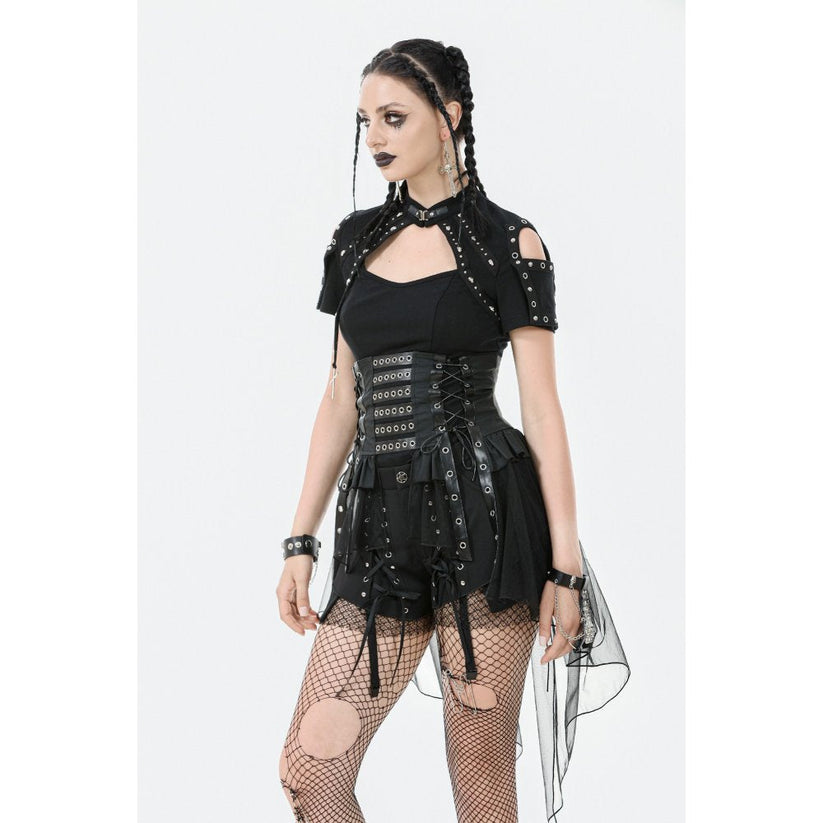 Dark in Love Skirt Draven Layered Mesh and Faux Leather Waist Cincher - Waistband Detail - QHA UK
