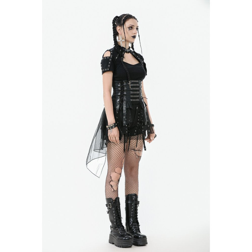 Dark in Love Skirt Draven Layered Mesh and Faux Leather Waist Cincher - Waistband Detail - QHA UK