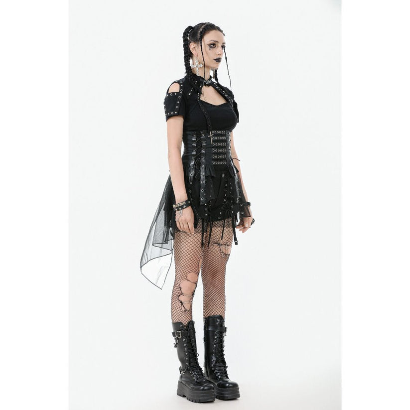 Dark in Love Skirt Draven Layered Mesh and Faux Leather Waist Cincher - Waistband Detail - QHA UK
