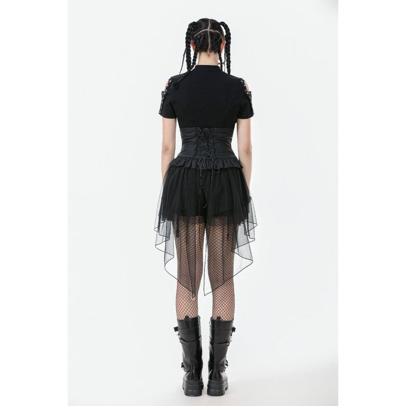 Dark in Love Skirt Draven Layered Mesh and Faux Leather Waist Cincher - Waistband Detail - QHA UK