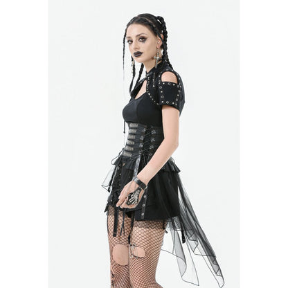 Dark in Love Skirt Draven Layered Mesh and Faux Leather Waist Cincher - Waistband Detail - QHA UK