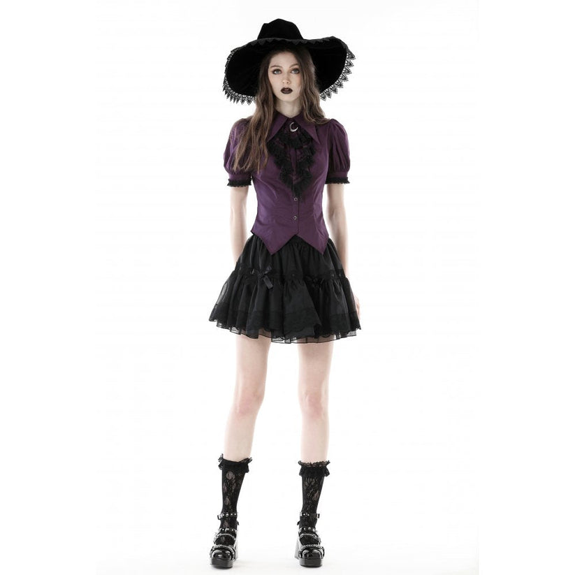 Dark in Love Blouse Druantia Puff-Sleeve Deep Purple UK 8-18 - Front View - QHA UK