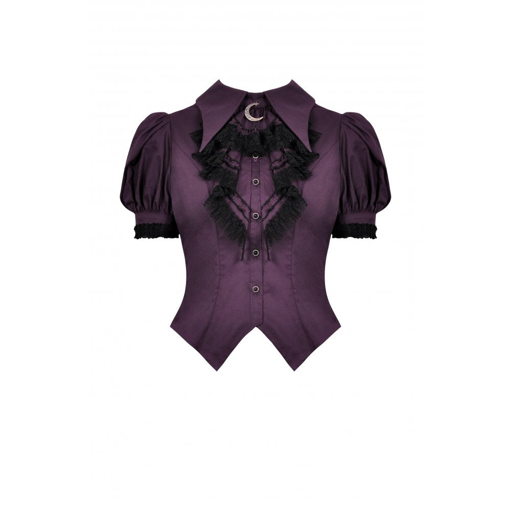 Dark in Love Blouse Druantia Puff-Sleeve Deep Purple UK 8-18 - Front View - QHA UK