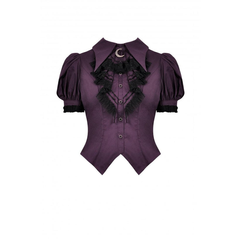 Dark in Love Blouse Druantia Puff-Sleeve Deep Purple UK 8-18 - Front View - QHA UK