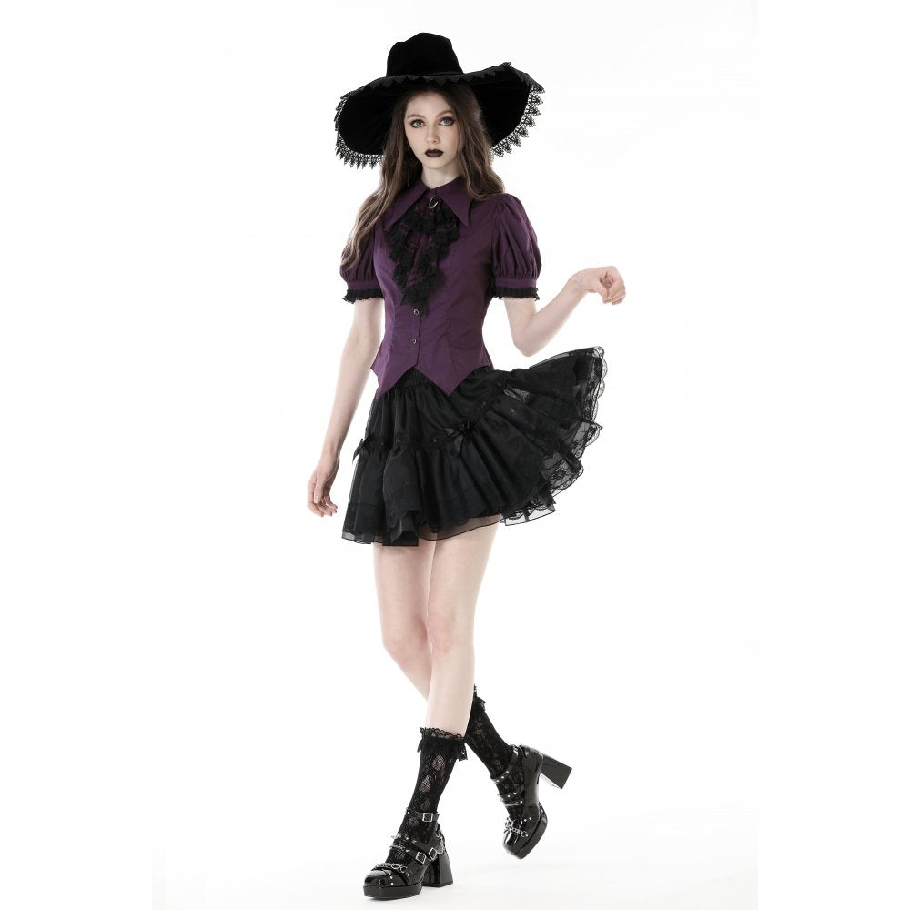 Dark in Love Blouse Druantia Puff-Sleeve Deep Purple UK 8-18 - Front View - QHA UK