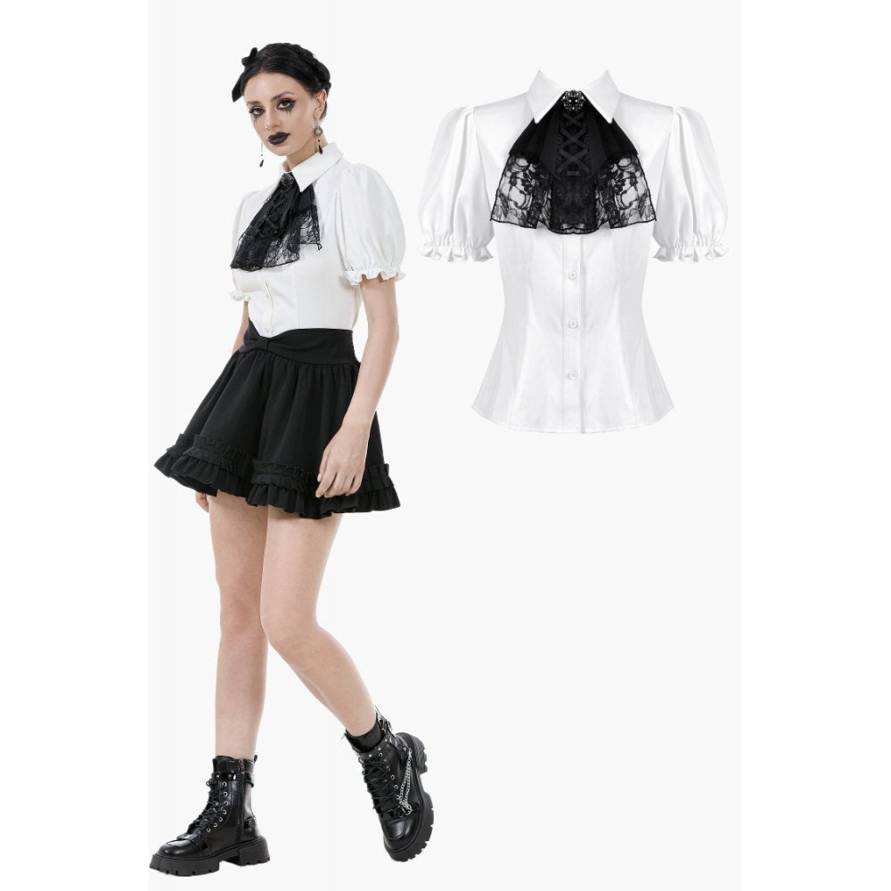 Dark in Love Women's Gothic Blouse Elysia Ruffle Bib Puff-Sleeve White - QHA UK