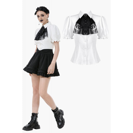 Dark in Love Women's Gothic Blouse Elysia Ruffle Bib Puff-Sleeve White - QHA UK