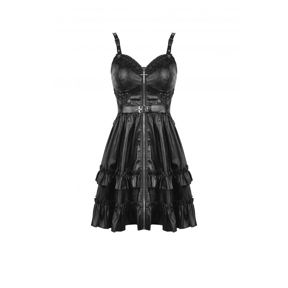 Dark in Love Gothic Dress Ariella Strap Black Faux Leather UK 10-18 - QHA UK