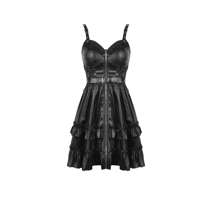 Dark in Love Gothic Dress Ariella Strap Black Faux Leather UK 10-18 - QHA UK
