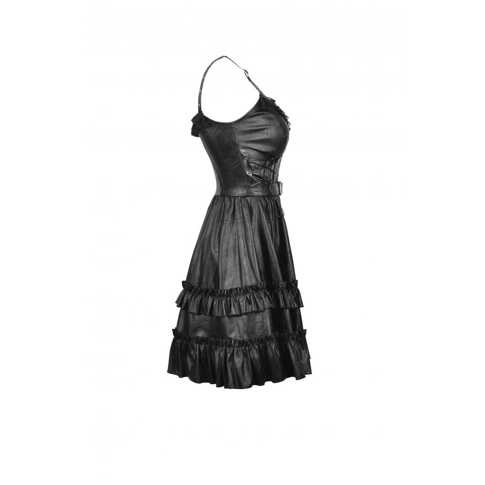 Dark in Love Gothic Dress Ariella Strap Black Faux Leather UK 10-18 - QHA UK