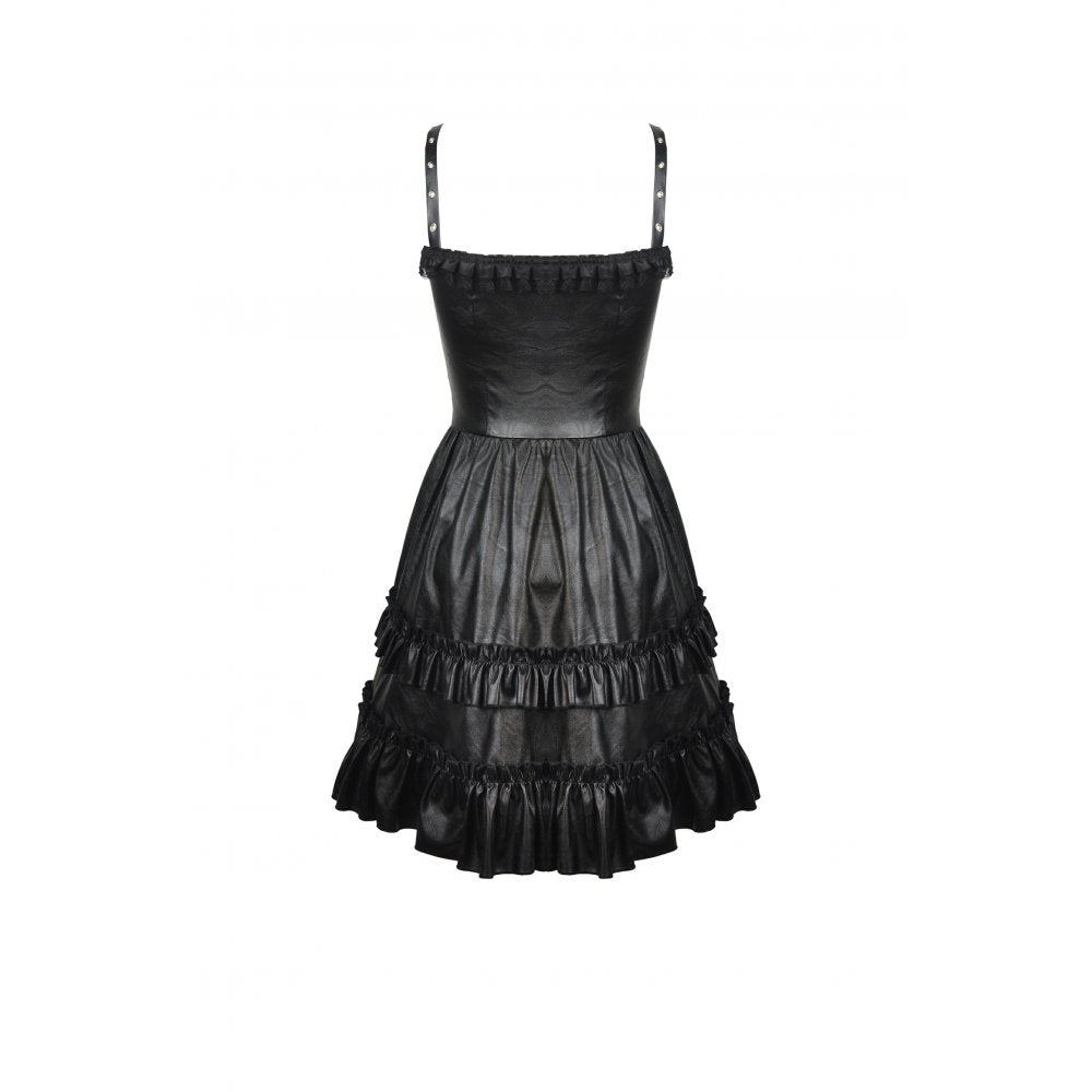 Dark in Love Gothic Dress Ariella Strap Black Faux Leather UK 10-18 - QHA UK