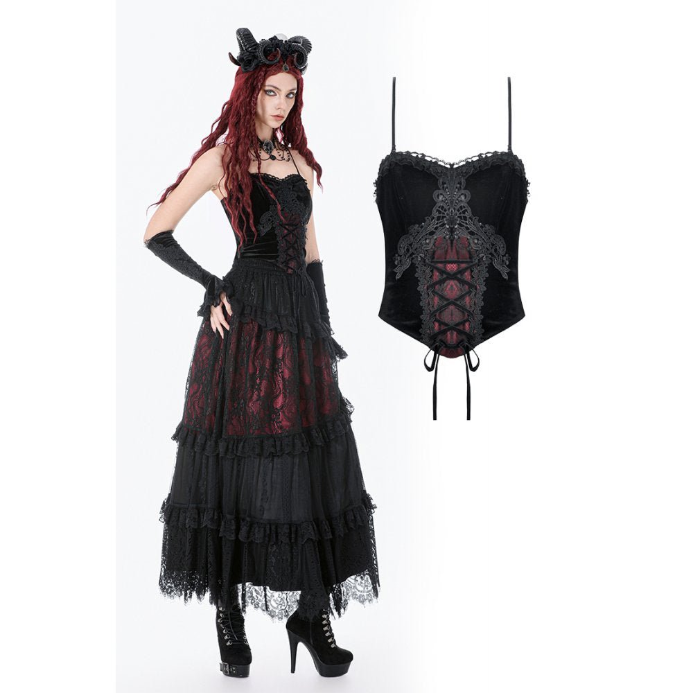 Dark in Love Women's Gothic Corset Black and Red Velvet Lace UK 8-18 - QHA UK