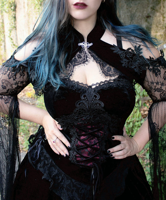 Dark in Love Women's Gothic Corset Black and Red Velvet Lace UK 8-18 - QHA UK