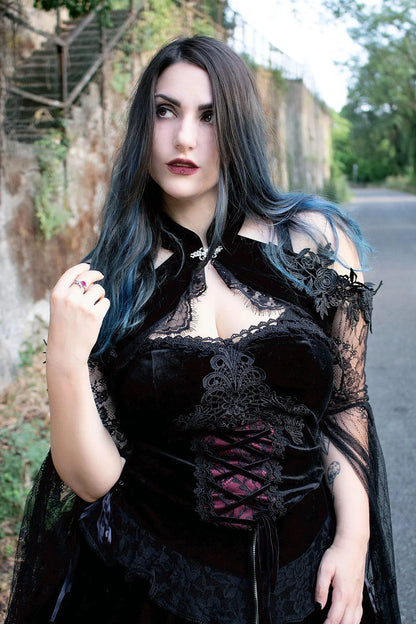 Dark in Love Women's Gothic Corset Black and Red Velvet Lace UK 8-18 - QHA UK