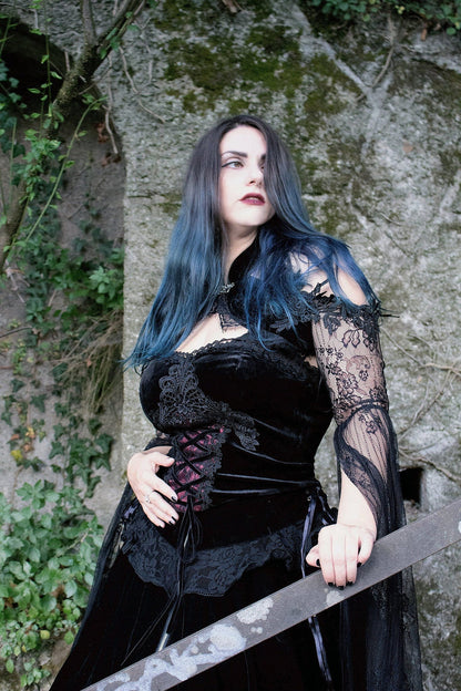 Dark in Love Women's Gothic Corset Black and Red Velvet Lace UK 8-18 - QHA UK