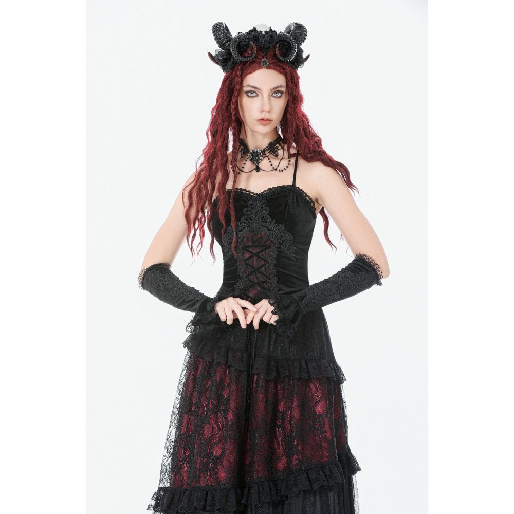 Dark in Love Women's Gothic Corset Black and Red Velvet Lace UK 8-18 - QHA UK