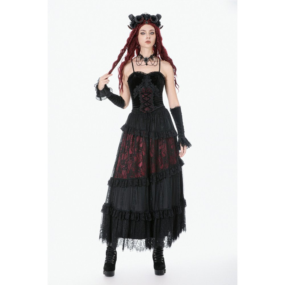 Dark in Love Women's Gothic Corset Black and Red Velvet Lace UK 8-18 - QHA UK