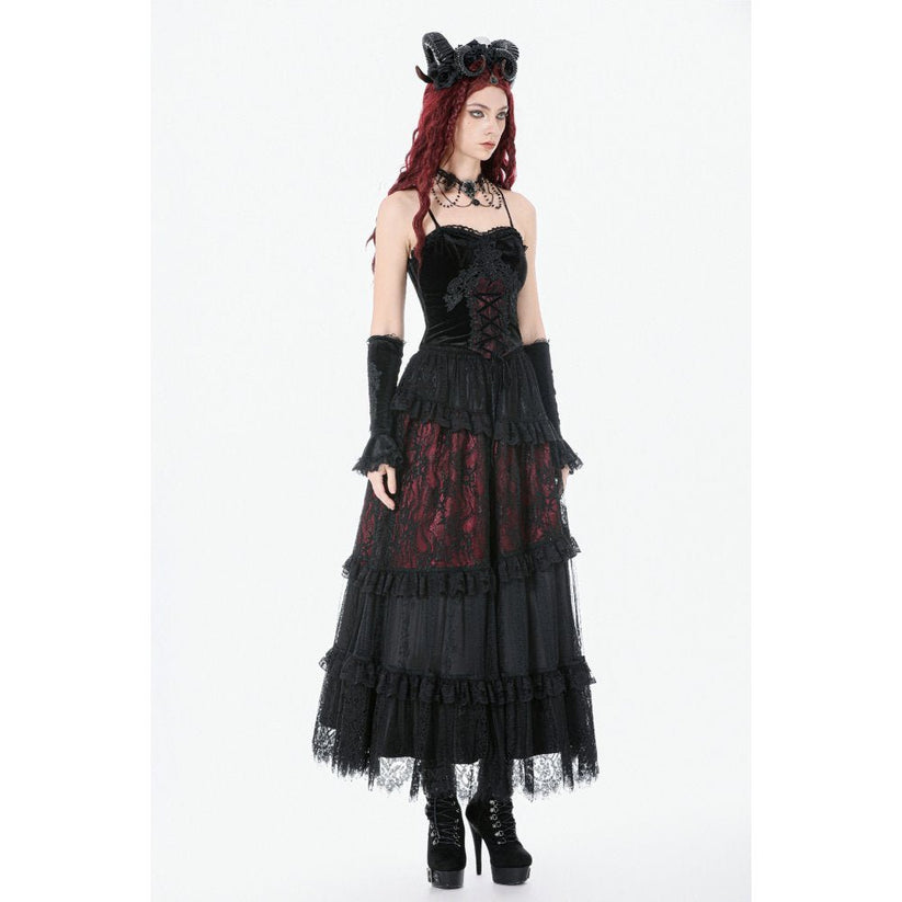 Dark in Love Women's Gothic Corset Black and Red Velvet Lace UK 8-18 - QHA UK