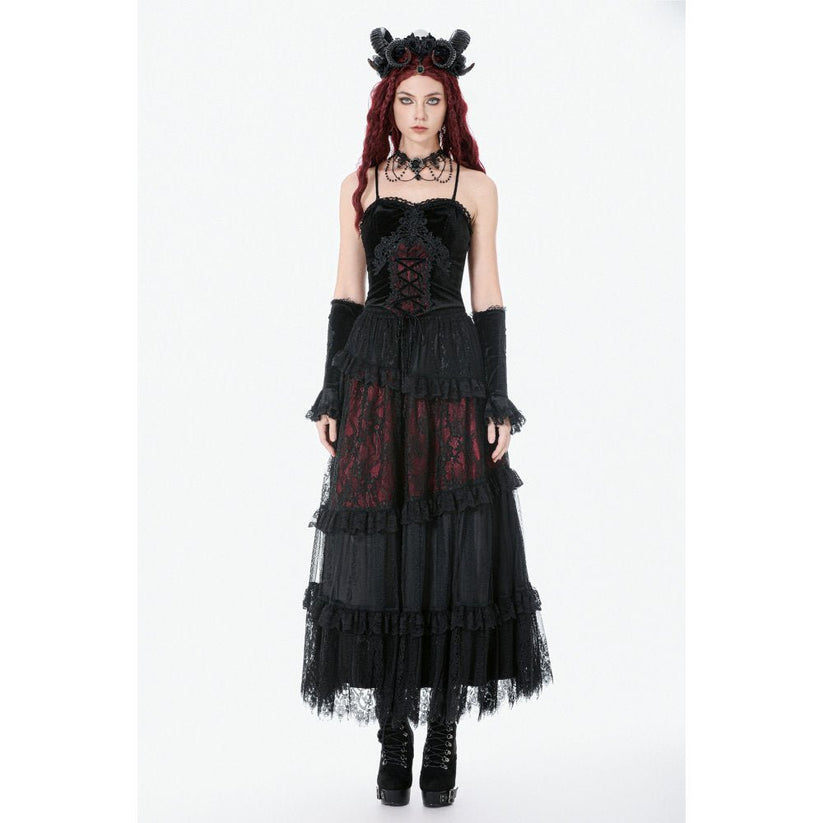 Dark in Love Women's Gothic Corset Black and Red Velvet Lace UK 8-18 - QHA UK