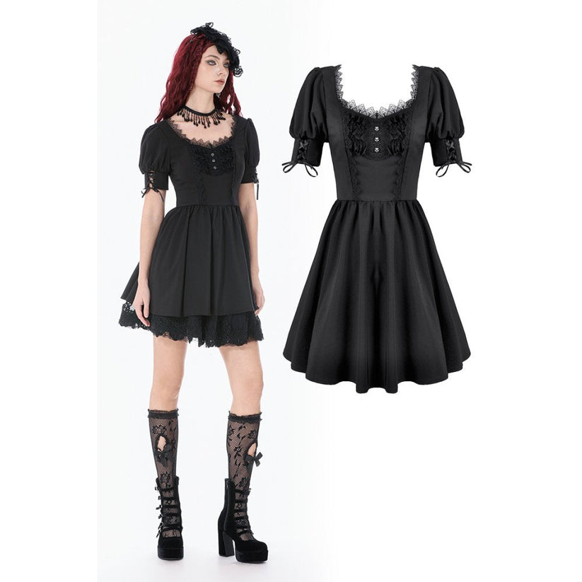 Dark in Love Gothic Dress Lace Square-Neck Puff-Sleeve UK 8-18 - QHA UK