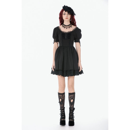 Dark in Love Gothic Dress Lace Square-Neck Puff-Sleeve UK 8-18 - Collar Detail - QHA UK