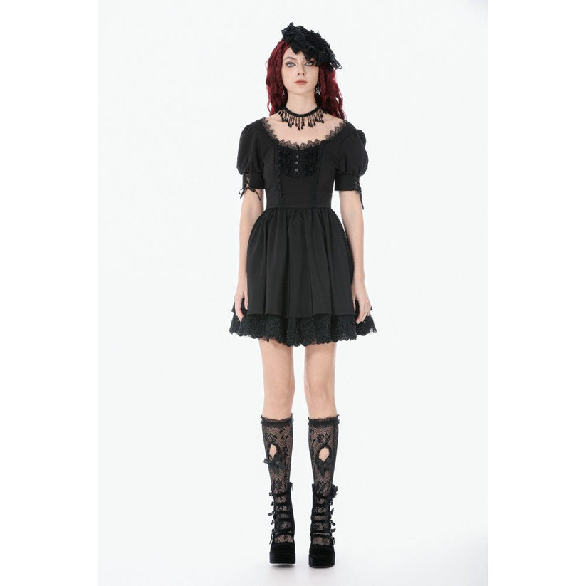 Dark in Love Gothic Dress Lace Square-Neck Puff-Sleeve UK 8-18 - Collar Detail - QHA UK