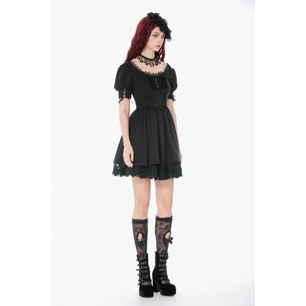 Dark in Love Gothic Dress Lace Square-Neck Puff-Sleeve UK 8-18 - Collar Detail - QHA UK