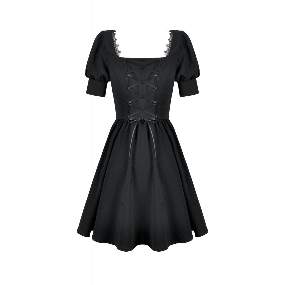 Dark in Love Gothic Dress Lace Square-Neck Puff-Sleeve UK 8-18 - Collar Detail - QHA UK