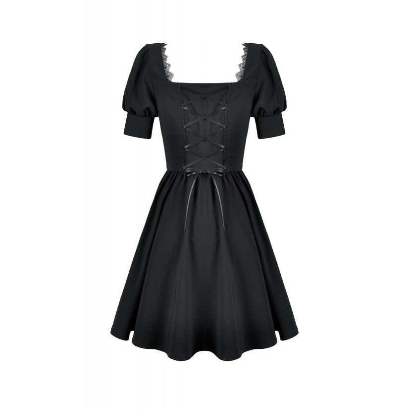 Dark in Love Gothic Dress Lace Square-Neck Puff-Sleeve UK 8-18 - Collar Detail - QHA UK