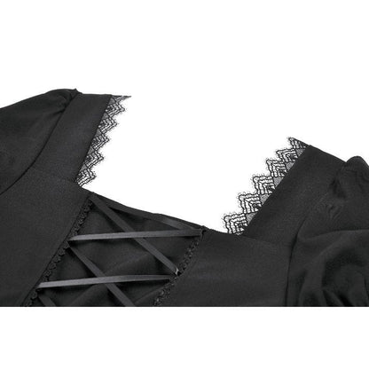Dark in Love Gothic Dress Lace Square-Neck Puff-Sleeve UK 8-18 - Collar Detail - QHA UK