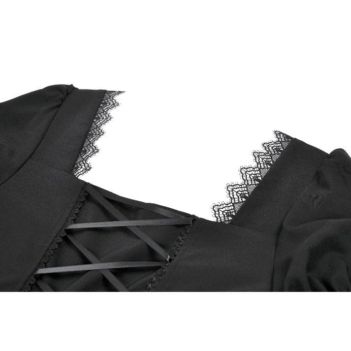 Dark in Love Gothic Dress Lace Square-Neck Puff-Sleeve UK 8-18 - Collar Detail - QHA UK
