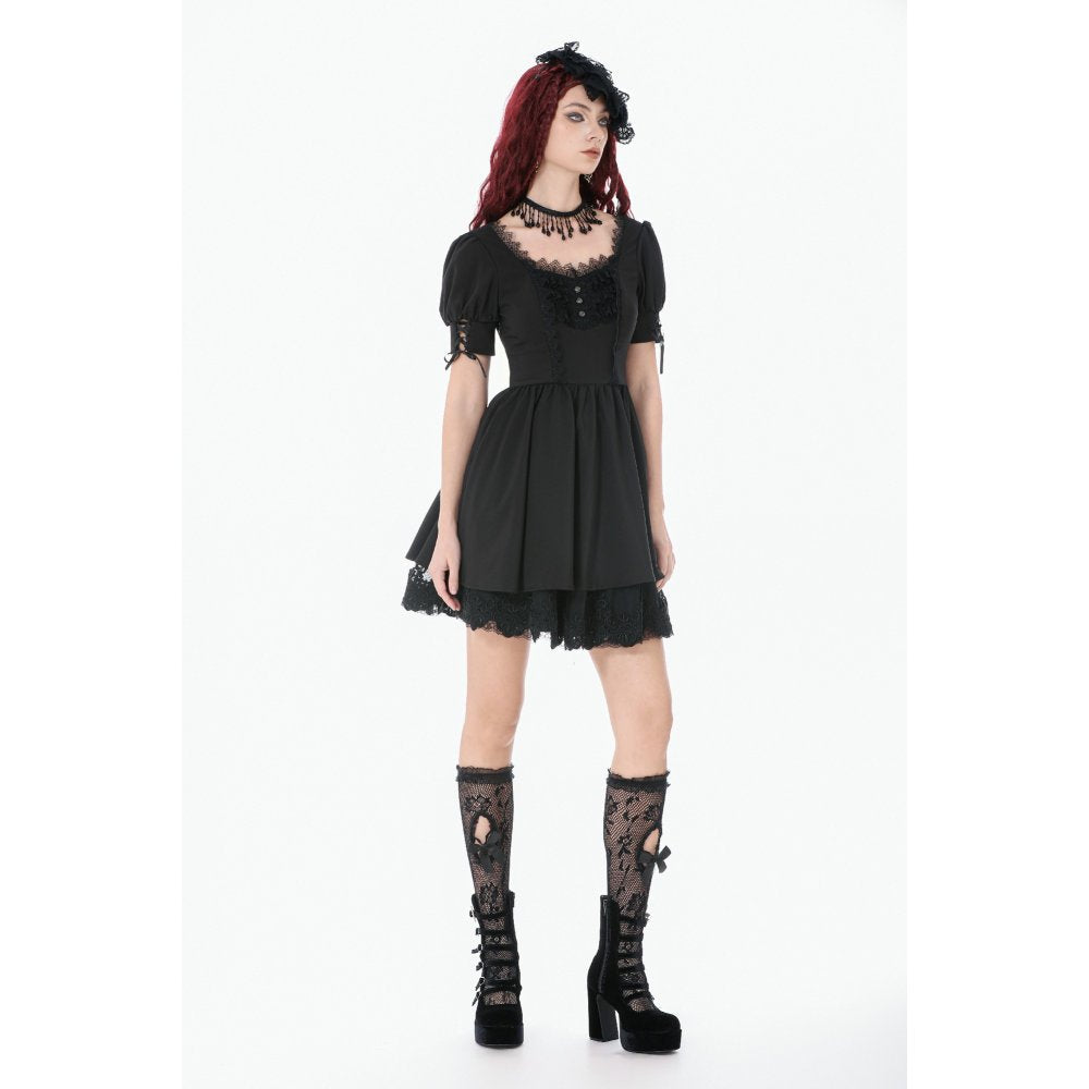Dark in Love Gothic Dress Lace Square-Neck Puff-Sleeve UK 8-18 - Collar Detail - QHA UK
